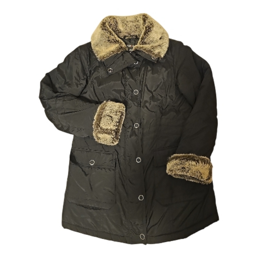 Style & Co Quilted Puffer Coat Faux Fur Trim Black Women’s Medium